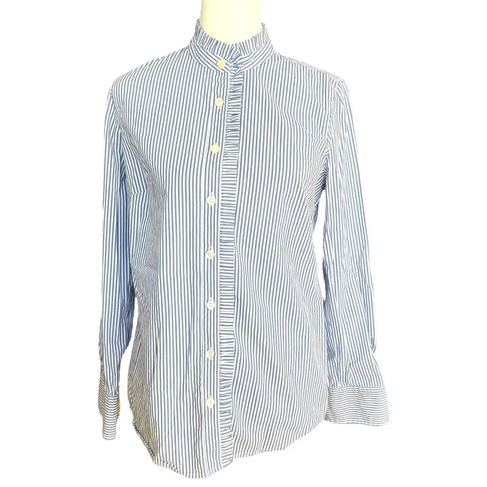 J. CREW Blue & White Striped Ruffle Blouse